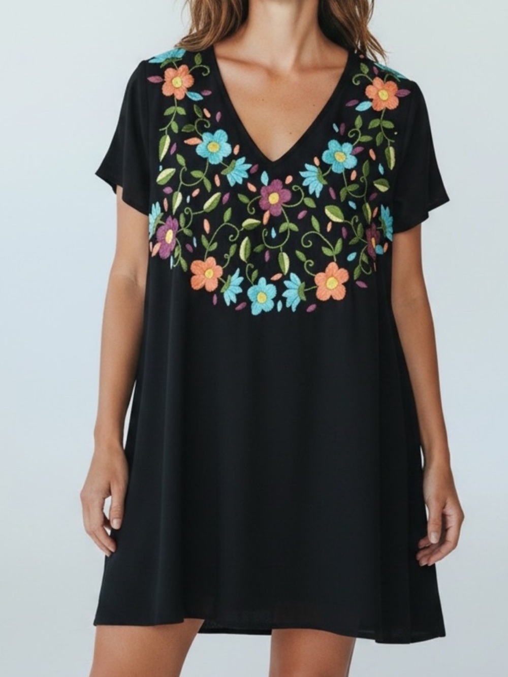 Judith March Flutter Sleeve Multicolor Floral Embroidery Dress Black Size Small